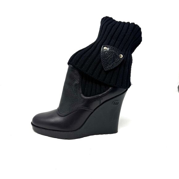 Gucci Knit-Sock Black Leather Wedge Boots - Picture 1 of 13